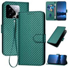 Per Xiaomi 14 YX0070 Custodia per telefono in pelle con fibbia in fibra di carbonio con cordino (verde scuro)