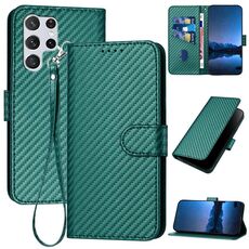 Per Samsung Galaxy S22 Ultra 5G YX0070 Custodia per telefono in pelle con fibbia in fibra di carbonio con cordino (verde scuro)