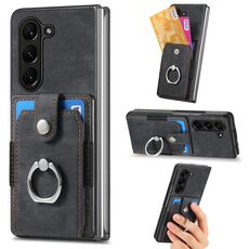 Per Samsung Galaxy Z Fold6 5G Custodia per telefono a portafoglio multi-scheda con anello effetto pelle retrò (nero)