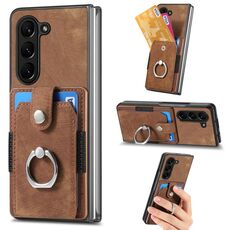 Per Samsung Galaxy Z Fold6 5G Custodia per telefono a portafoglio multi-scheda con anello effetto pelle retrò (marrone)