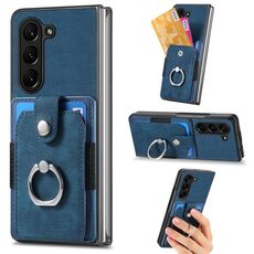Per Samsung Galaxy Z Fold6 5G Custodia per telefono a portafoglio multi-scheda con anello effetto pelle retrò (blu)