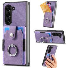 Per Samsung Galaxy Z Fold6 5G Custodia per telefono a portafoglio multi-scheda con anello effetto pelle retrò (viola)