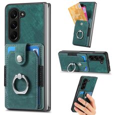 Per Samsung Galaxy Z Fold6 5G Custodia per telefono a portafoglio multi-scheda con anello effetto pelle retrò (verde)