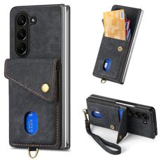 Per Samsung Galaxy Z Fold6 5G Custodia per telefono pieghevole in pelle con portafoglio per carte retrò con cinturino (nero)