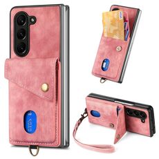 Per Samsung Galaxy Z Fold6 5G Custodia per telefono pieghevole in pelle con portafoglio per carte retrò con cinturino (rosa)