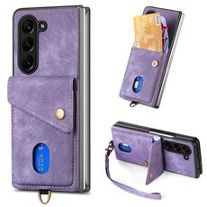 Per Samsung Galaxy Z Fold6 5G Custodia per telefono pieghevole in pelle con portafoglio per carte retrò con cinturino (viola)