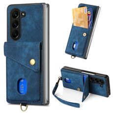 Per Samsung Galaxy Z Fold6 5G Custodia per telefono pieghevole in pelle con portafoglio per carte retrò con cinturino (Bule)