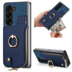 Custodia per telefono in pelle con anello a portafoglio con cerniera retrò per Samsung Galaxy Z Fold6 5G (blu)