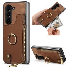Custodia per telefono in pelle con anello a portafoglio con cerniera retrò per Samsung Galaxy Z Fold6 5G (marrone)