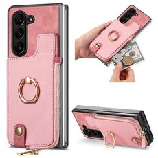 Per Samsung Galaxy Z Fold6 5G Custodia per telefono in pelle con anello a portafoglio con cerniera retrò (rosa)