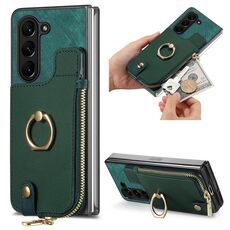 Custodia per telefono in pelle con anello a portafoglio con cerniera retrò per Samsung Galaxy Z Fold6 5G (verde)