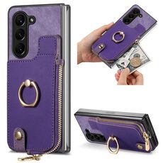 Custodia per telefono in pelle con anello a portafoglio con cerniera retrò per Samsung Galaxy Z Fold6 5G (viola)