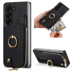 Custodia per telefono in pelle con anello a portafoglio con cerniera retrò per Samsung Galaxy Z Fold6 5G (nera)