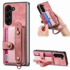 Per Samsung Galaxy Z Fold6 5G Custodia per telefono con retro in pelle con cinturino incrociato retrò (rosa)