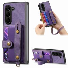 Per Samsung Galaxy Z Fold6 5G Custodia per telefono con retro in pelle con cinturino a croce retrò (viola)