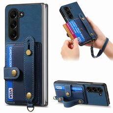 Per Samsung Galaxy Z Fold6 5G Custodia per telefono con retro in pelle con cinturino a croce retrò (blu)