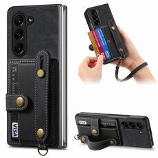 Per Samsung Galaxy Z Fold6 5G Custodia per telefono con retro in pelle con cinturino incrociato retrò (nero)