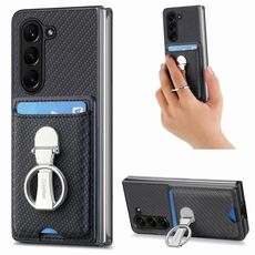 Per Samsung Galaxy Z Fold6 5G Custodia per telefono con supporto per anello pieghevole in fibra di carbonio (nero)