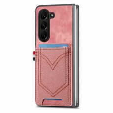 Per Samsung Galaxy Z Fold6 5G Custodia per cellulare in pelle con texture denim con slot per schede (rosa)