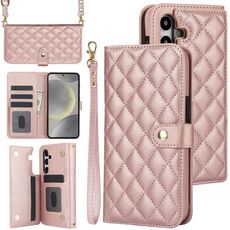 Per Samsung Galaxy S24 5G Custodia multifunzione a tracolla in pelle rombica (oro rosa)
