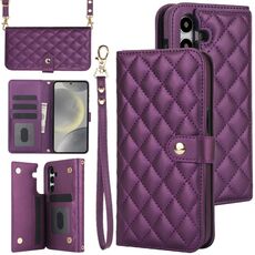 Per Samsung Galaxy S24 5G Custodia multifunzione a tracolla in pelle rombica (viola scuro)