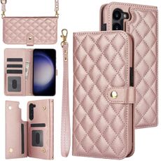 Per Samsung Galaxy S23 5G Custodia multifunzione a tracolla in pelle rombica (oro rosa)