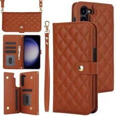 Custodia per telefono in pelle rombica multifunzione a tracolla per Samsung Galaxy S23 5G (marrone)