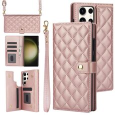 Custodia per telefono in pelle rombica multifunzione a tracolla per Samsung Galaxy S22 Ultra 5G (oro rosa)