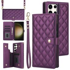 Per Samsung Galaxy S22 Ultra 5G Custodia multifunzione a tracolla in pelle rombica (viola scuro)