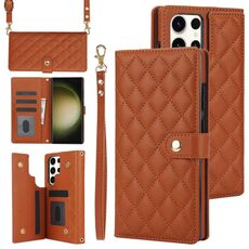 Custodia per telefono in pelle rombica multifunzione a tracolla per Samsung Galaxy S22 Ultra 5G (marrone)