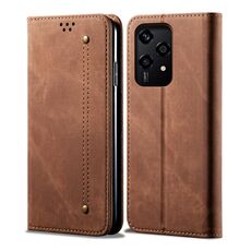 Custodia per telefono in pelle flip con texture denim globale per Honor 200 Lite 5G (marrone)