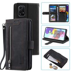 Per Honor 200 Lite Custodia per telefono in pelle con cerniera per nove carte con cordino (nero)