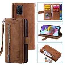 Per Honor 200 Lite Custodia per telefono in pelle con cerniera per nove carte con cordino (marrone)