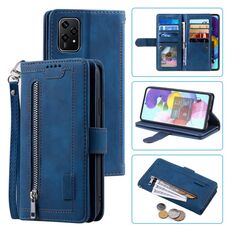 Per Honor 200 Lite Custodia per cellulare in pelle con cerniera per nove carte con cordino (blu)