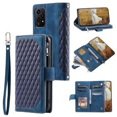 Custodia per telefono in pelle con cerniera per texture a griglia per Honor 200 Lite con cordino (blu)