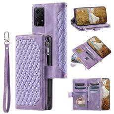 Custodia per telefono in pelle con cerniera per texture a griglia per Honor 200 Lite con cordino (viola)