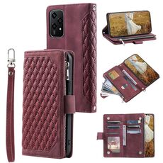 Custodia per telefono in pelle con cerniera per texture a griglia per Honor 200 Lite con cordino (rosso vino)