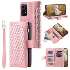 Custodia per telefono in pelle con cerniera per texture a griglia per Honor 200 Lite con cordino (oro rosa)