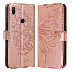 Custodia per telefono in pelle con farfalla goffrata per Honor 9X Global / Huawei P Smart Z (oro rosa)