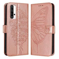 Custodia per telefono in pelle con farfalla goffrata per Honor 20/20 Pro / 20S (oro rosa)