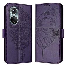 Custodia per telefono in pelle con farfalla goffrata per Honor 50 Pro / Huawei Nova 9 Pro (viola scuro)