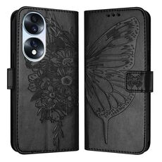 Custodia per telefono in pelle con farfalla goffrata per Honor 70 (nera)