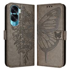 Custodia per telefono in pelle con farfalla goffrata per Honor 90 Lite / X50i (grigio)