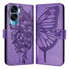 Custodia per telefono in pelle con farfalla goffrata per Honor 90 Lite / X50i (viola)