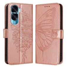 Custodia per telefono in pelle con farfalla goffrata per Honor 90 Lite / X50i (oro rosa)