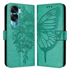 Custodia per telefono in pelle con farfalla goffrata per Honor 90 Lite / X50i (verde)