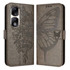 Custodia per telefono in pelle farfalla goffrata per Honor 90 Pro (grigio)