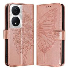 Custodia per telefono in pelle farfalla goffrata per Honor 90 Smart/X7b 4G/X7b 5G (oro rosa)