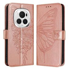 Custodia per telefono in pelle farfalla goffrata globale per Honor Magic6 Pro 5G (oro rosa)