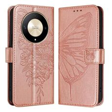 Custodia per telefono in pelle farfalla goffrata globale per Honor X9b Global/Magic6 Lite 5G (oro rosa)